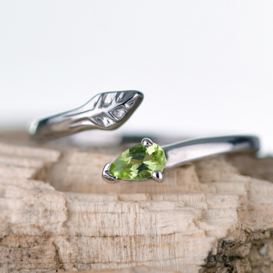 Sterling Silver Peridot Size I-T Adjustable Leaf Ring August Birthday