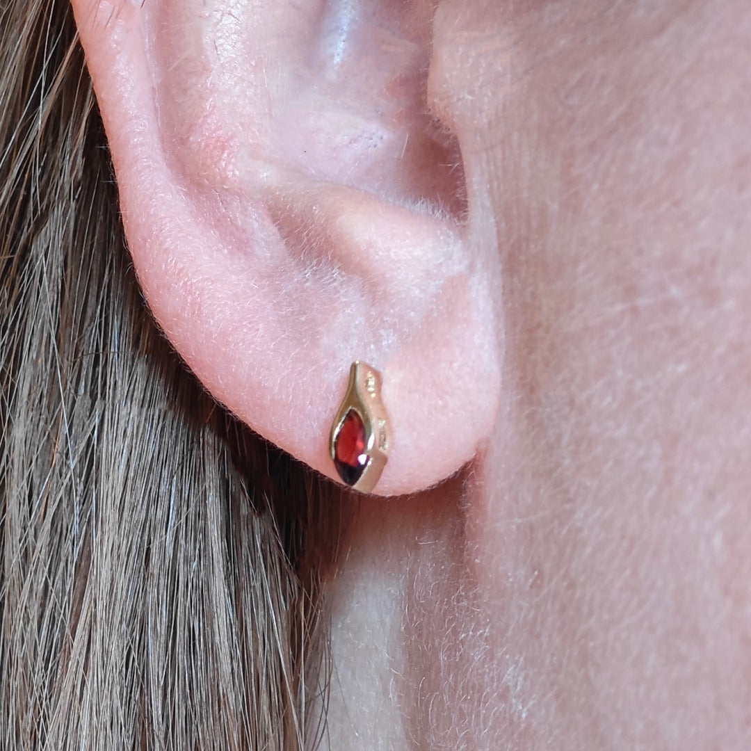9ct Garnet Earrings Yellow Gold Studs SMALL Minimalist Marquise