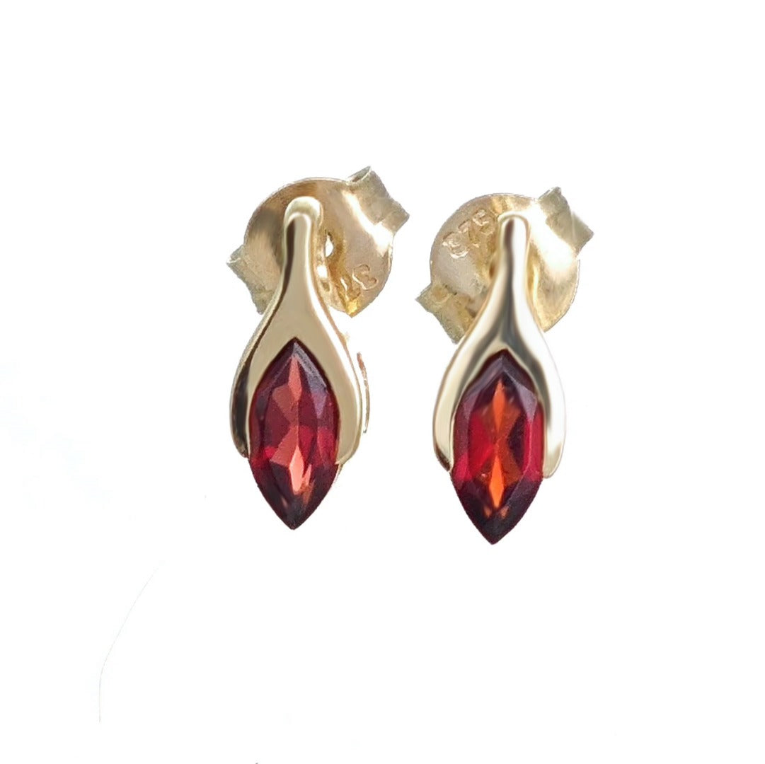 9ct Garnet Earrings Yellow Gold Studs SMALL Minimalist Marquise