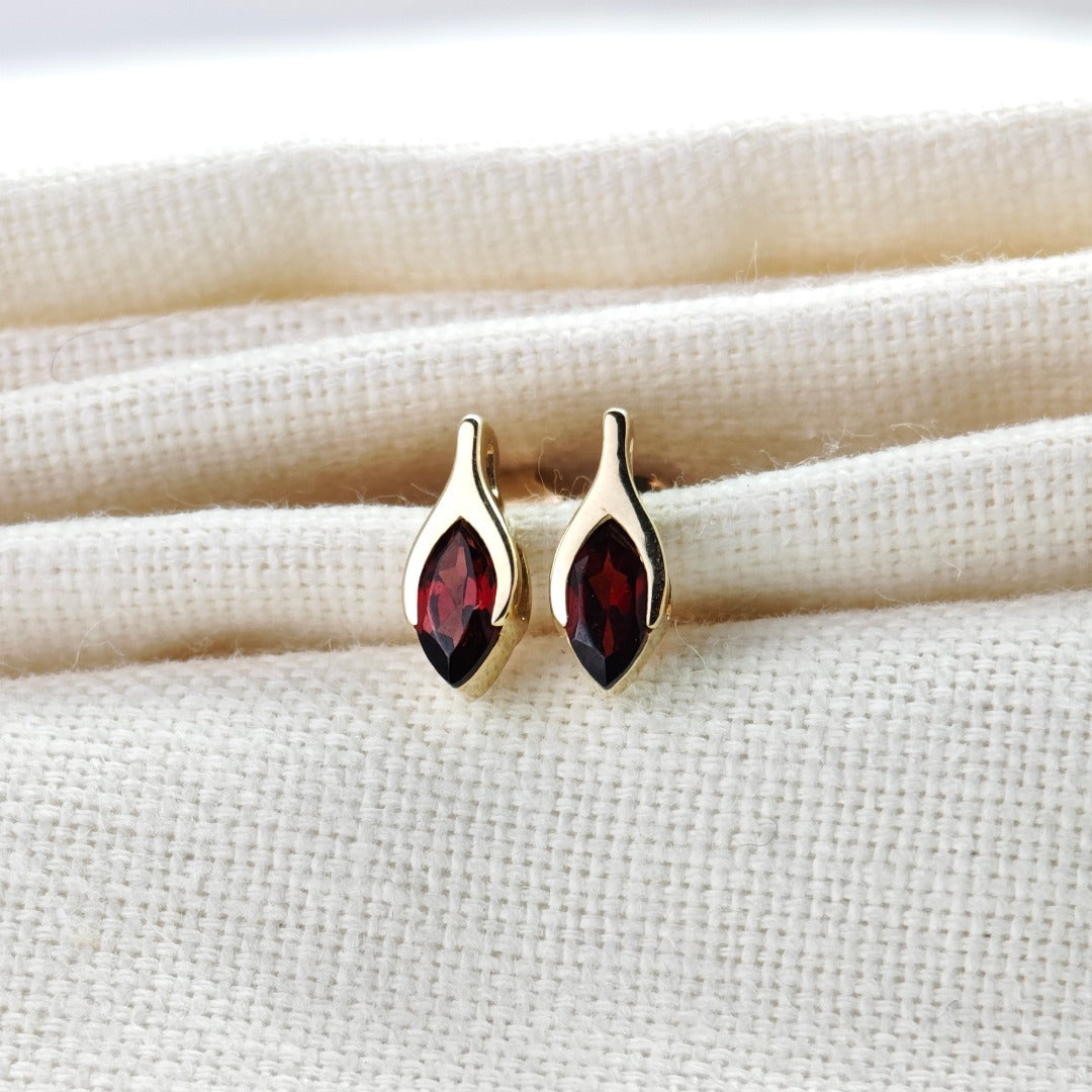 9ct Garnet Earrings Yellow Gold Studs SMALL Minimalist Marquise
