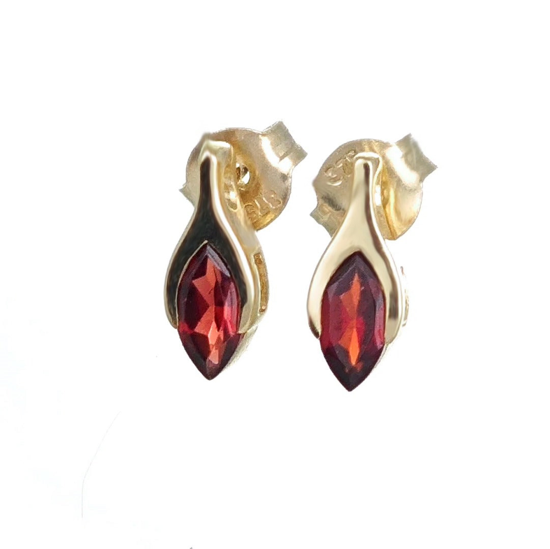 9ct Garnet Earrings Yellow Gold Studs SMALL Minimalist Marquise