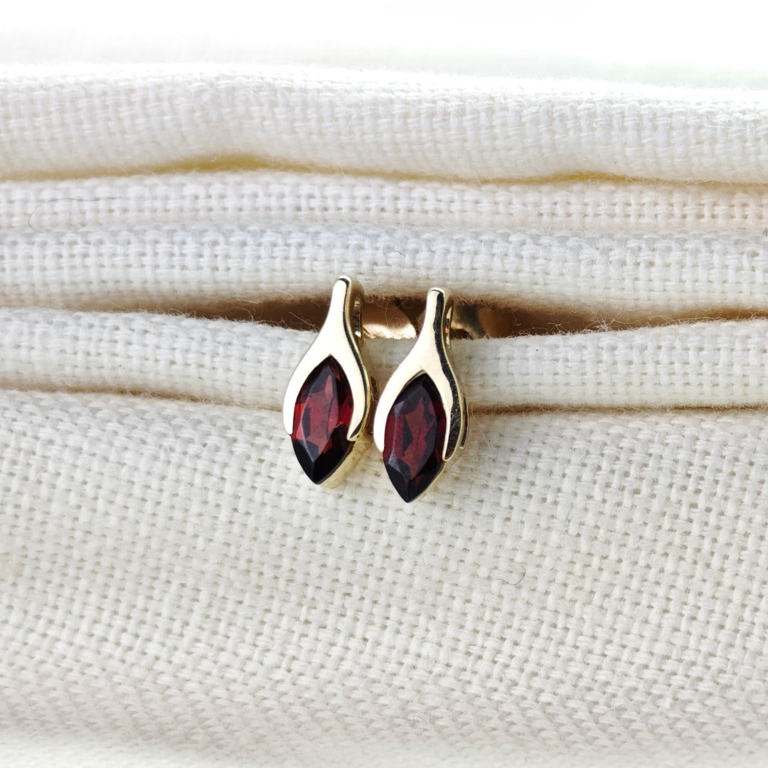 9ct Garnet Earrings Yellow Gold Studs SMALL Minimalist Marquise