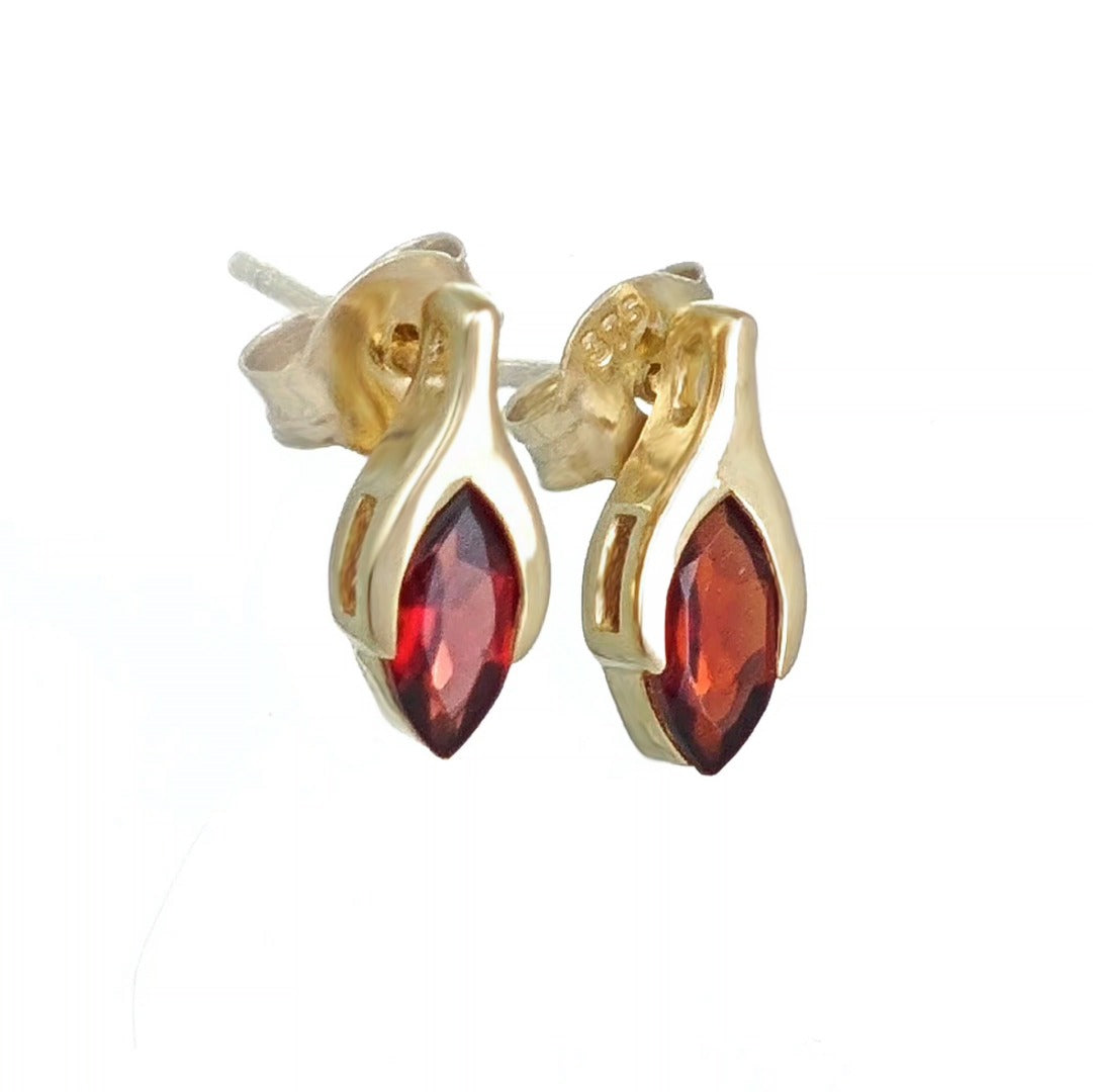 9ct Garnet Earrings Yellow Gold Studs SMALL Minimalist Marquise