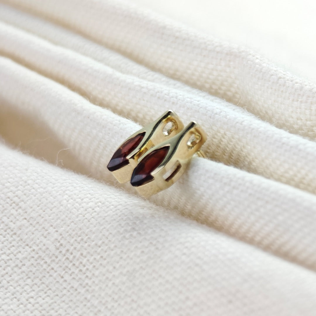 9ct Garnet Earrings Yellow Gold Studs SMALL Minimalist Marquise