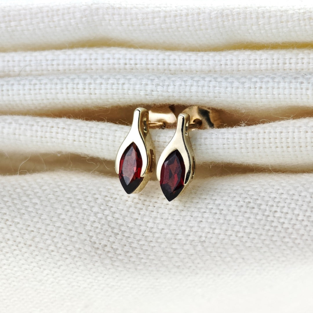 9ct Garnet Earrings Yellow Gold Studs SMALL Minimalist Marquise
