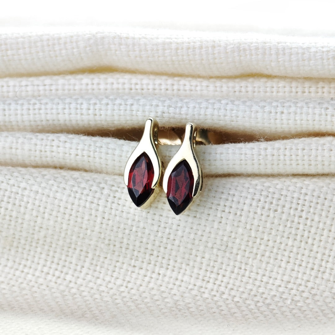 9ct Garnet Earrings Yellow Gold Studs SMALL Minimalist Marquise