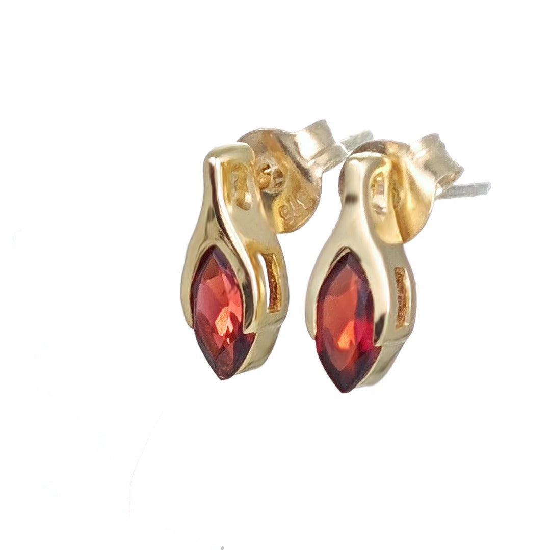 9ct Garnet Earrings Yellow Gold Studs SMALL Minimalist Marquise