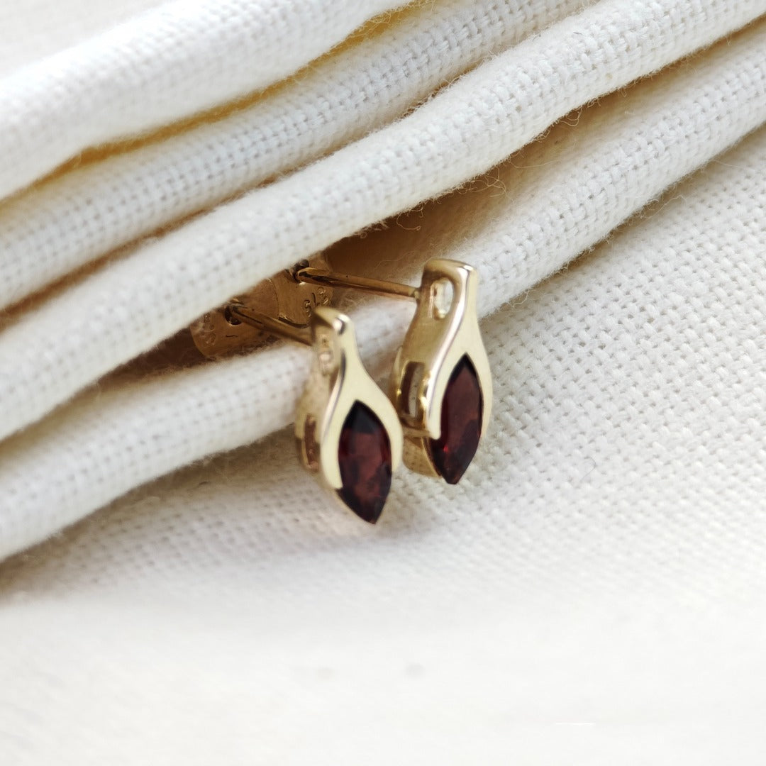 9ct Garnet Earrings Yellow Gold Studs SMALL Minimalist Marquise