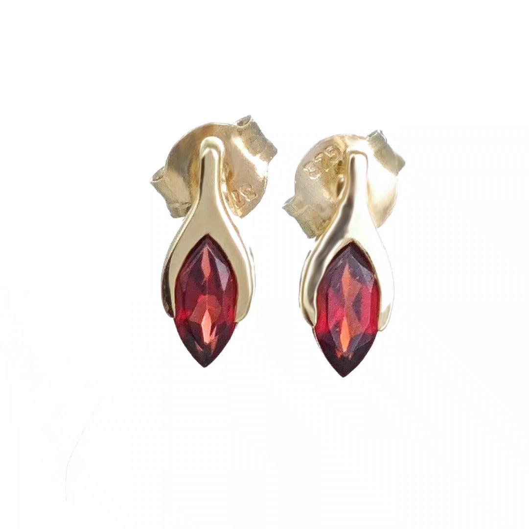 9ct Garnet Earrings Yellow Gold Studs SMALL Minimalist Marquise