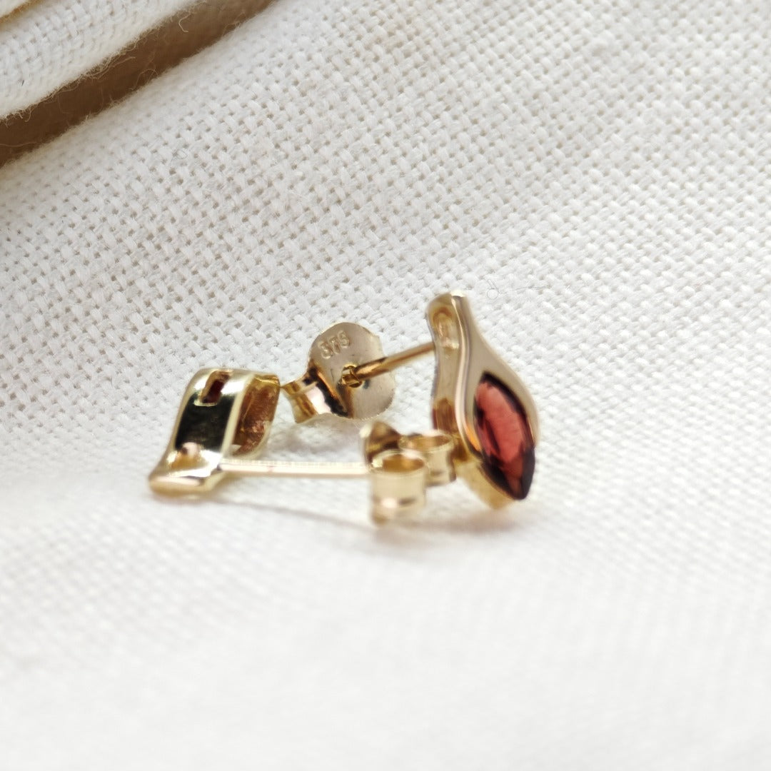 9ct Garnet Earrings Yellow Gold Studs SMALL Minimalist Marquise