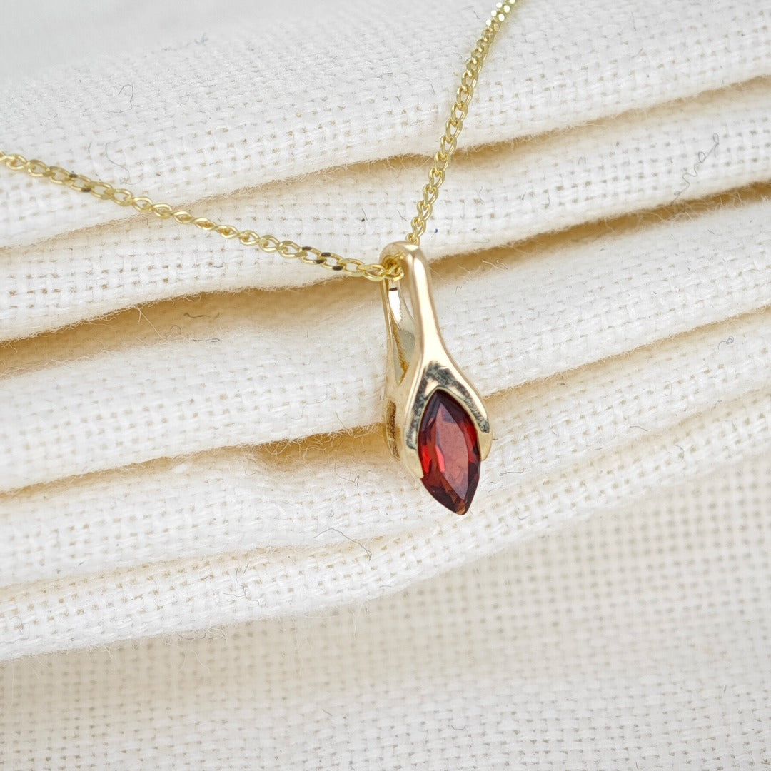 9ct Garnet Necklace Yellow Gold SMALL Minimalist Marquise Red Gemstone