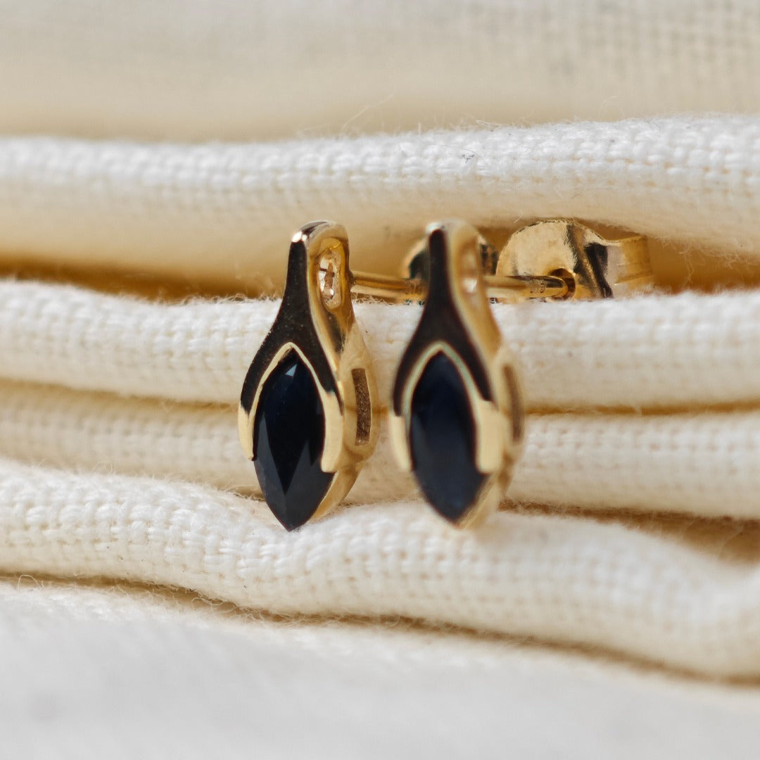9ct Gold Sapphire Studs Earrings Dark Inky Blue Minimalist Marquise