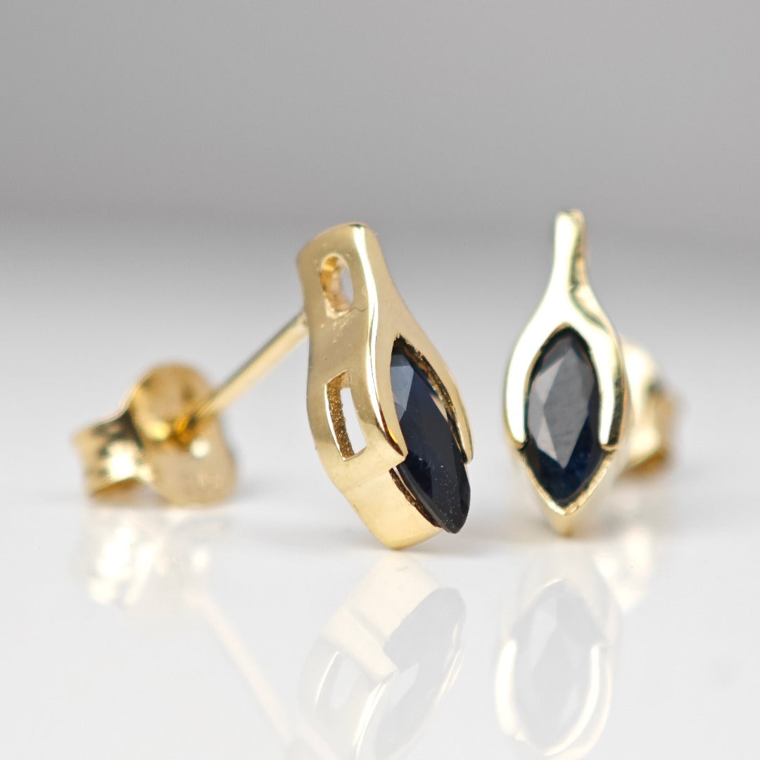 9ct Gold Sapphire Studs Earrings Dark Inky Blue Minimalist Marquise