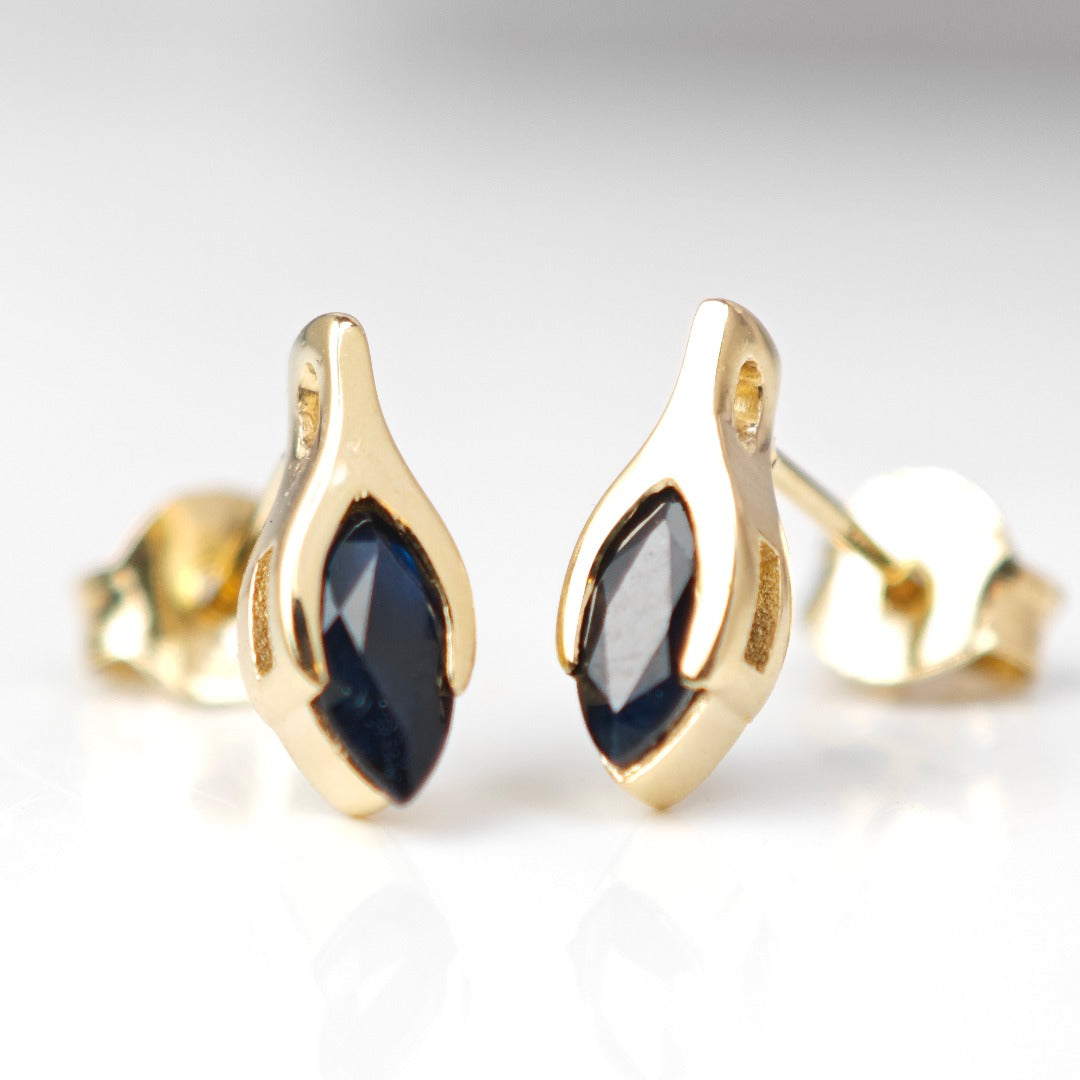 9ct Gold Sapphire Studs Earrings Dark Inky Blue Minimalist Marquise
