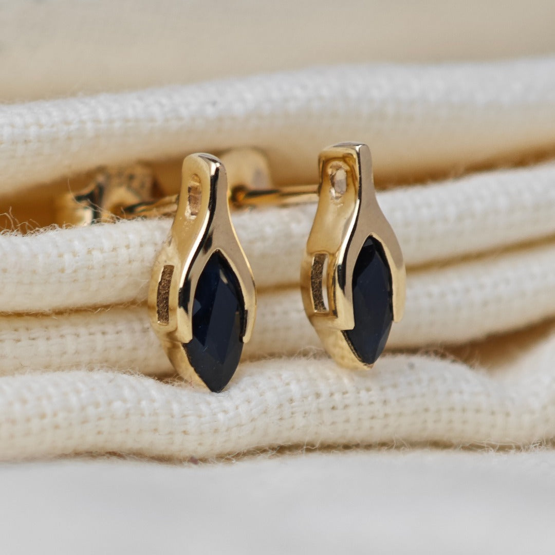 9ct Gold Sapphire Studs Earrings Dark Inky Blue Minimalist Marquise