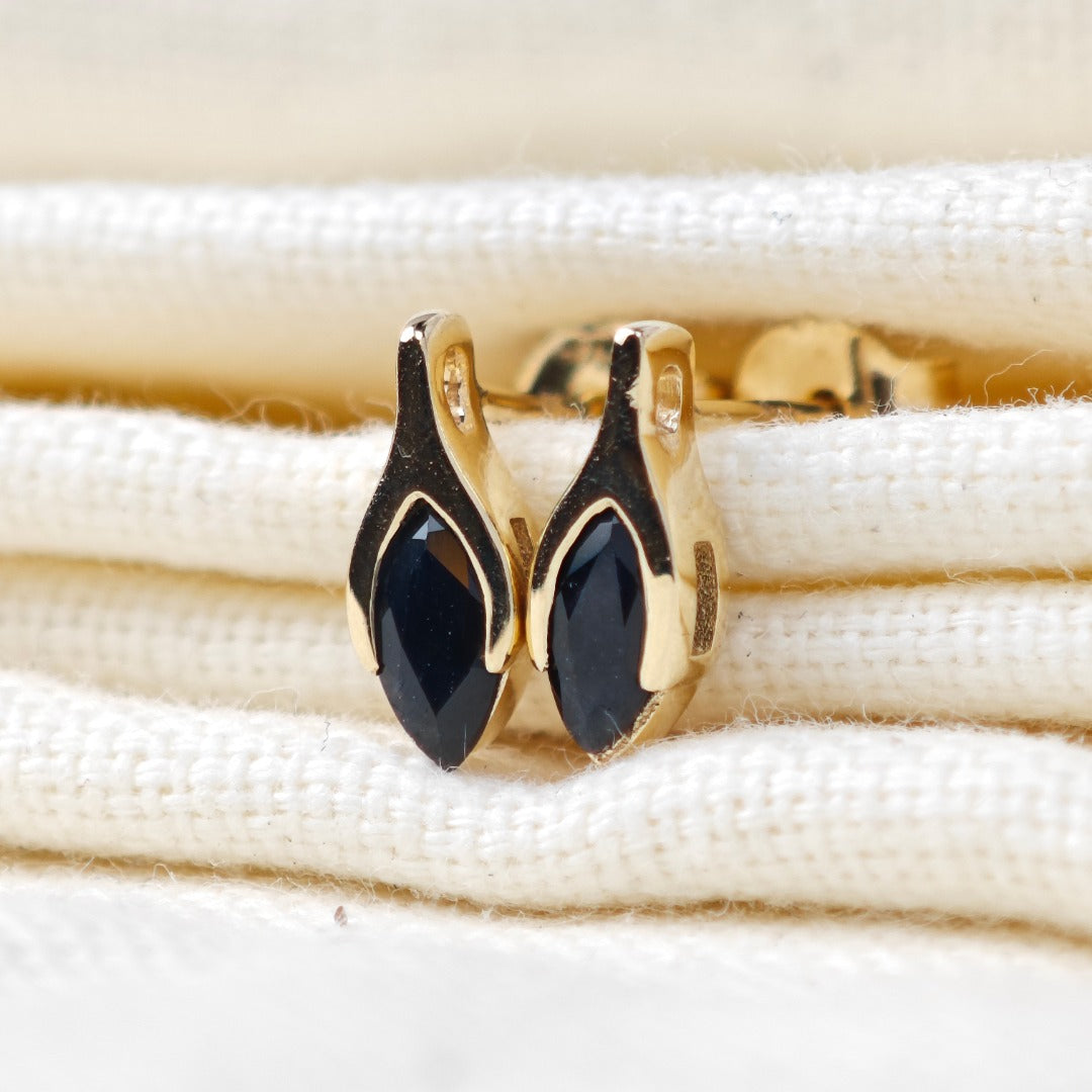 9ct Gold Sapphire Studs Earrings Dark Inky Blue Minimalist Marquise
