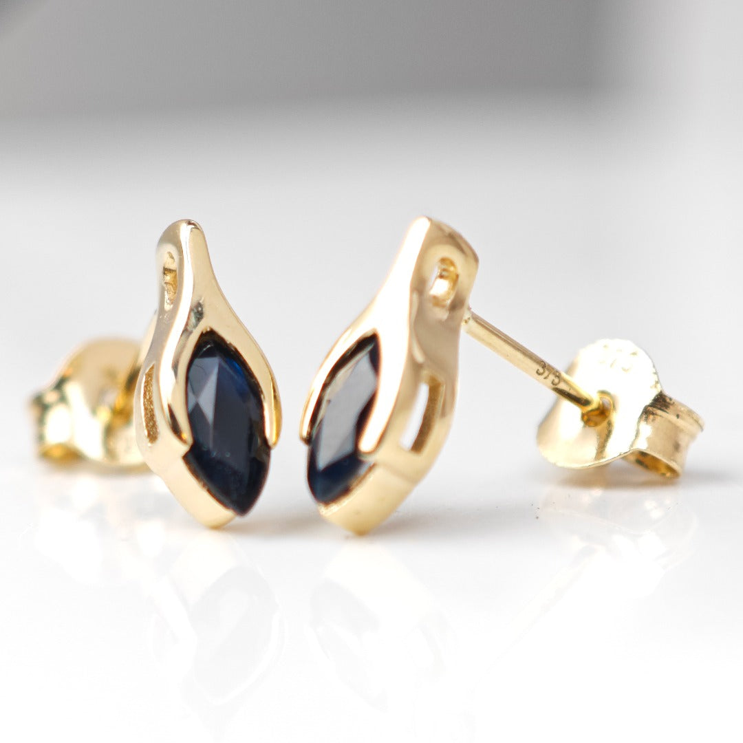 9ct Gold Sapphire Studs Earrings Dark Inky Blue Minimalist Marquise