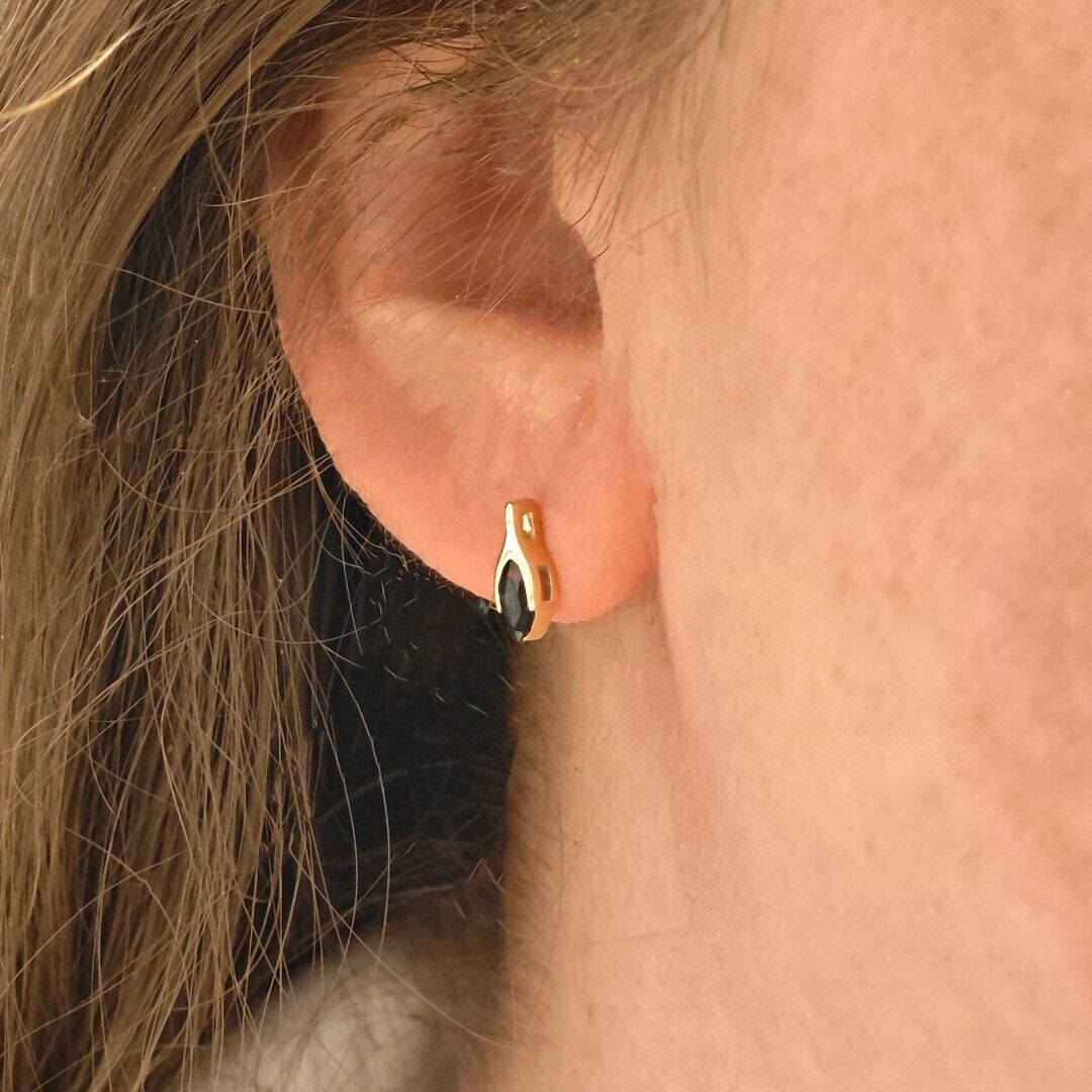 9ct Gold Sapphire Studs Earrings Dark Inky Blue Minimalist Marquise