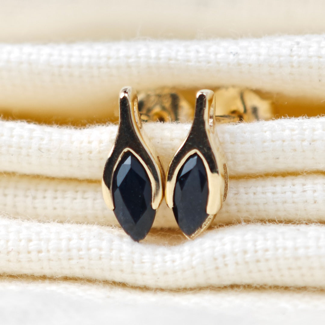 9ct Gold Sapphire Studs Earrings Dark Inky Blue Minimalist Marquise
