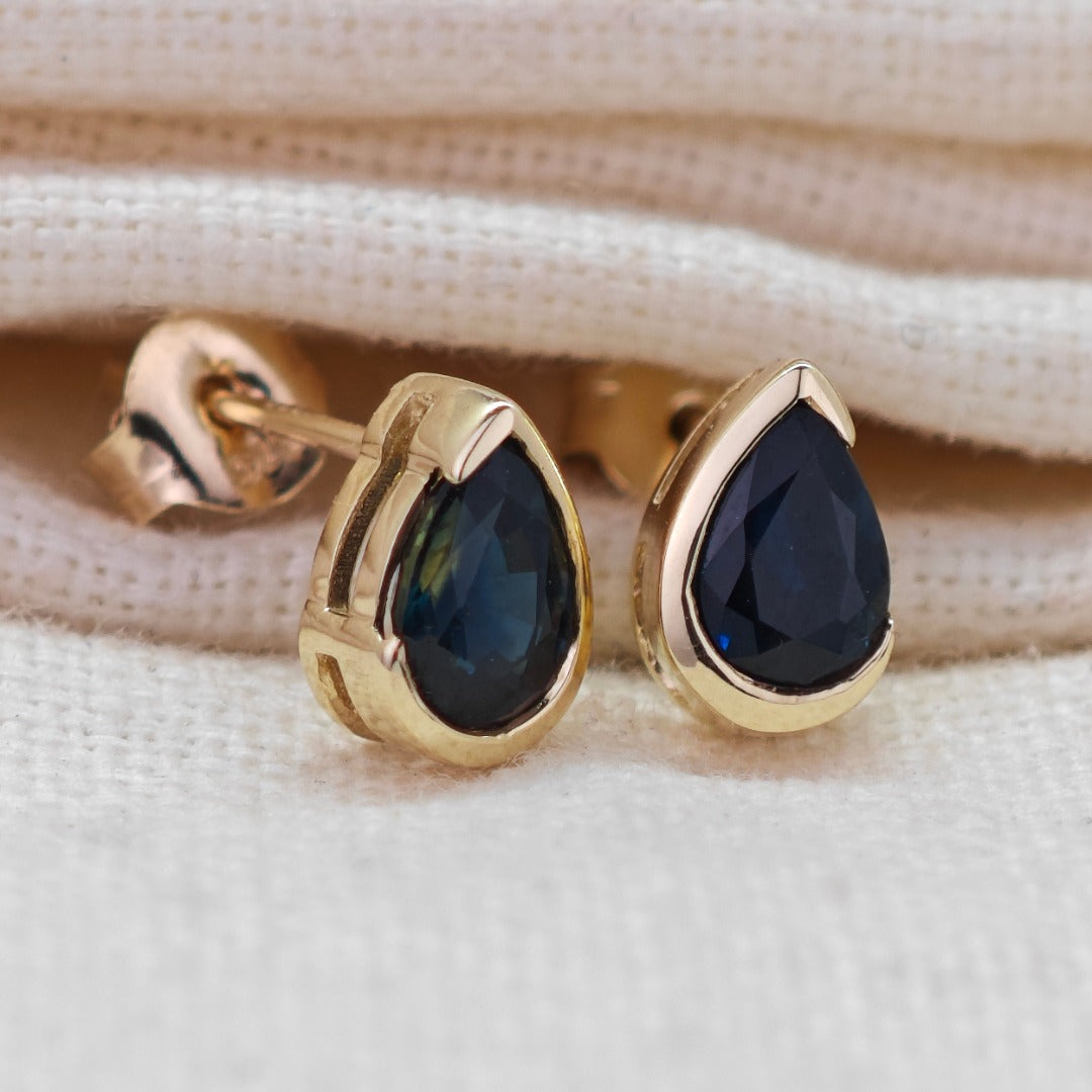 9ct Yellow Gold Sapphire Earrings Natural Vivid Blue Gemstone Studs Handmade
