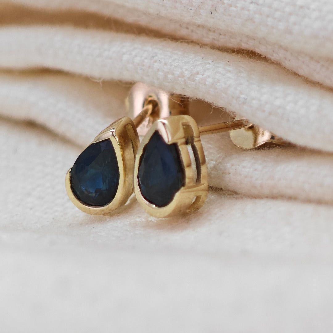 9ct Yellow Gold Sapphire Earrings Natural Vivid Blue Gemstone Studs Handmade