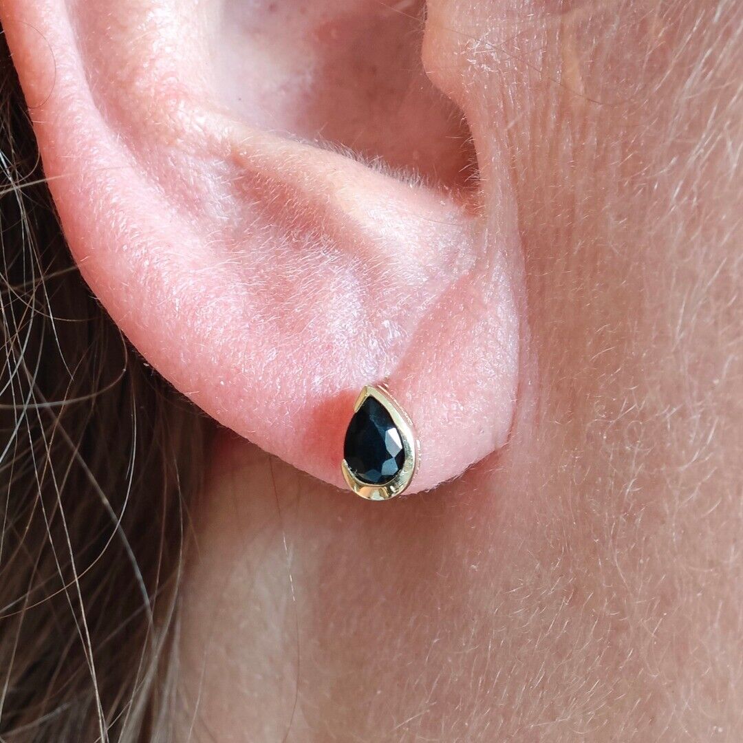 9ct Yellow Gold Sapphire Earrings Natural Vivid Blue Gemstone Studs Handmade