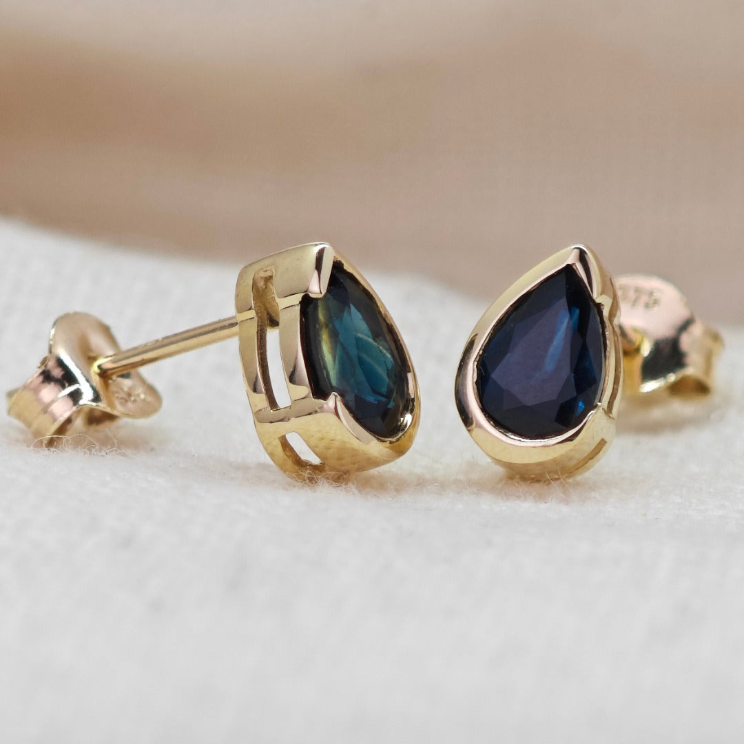 9ct Yellow Gold Sapphire Earrings Natural Vivid Blue Gemstone Studs Handmade