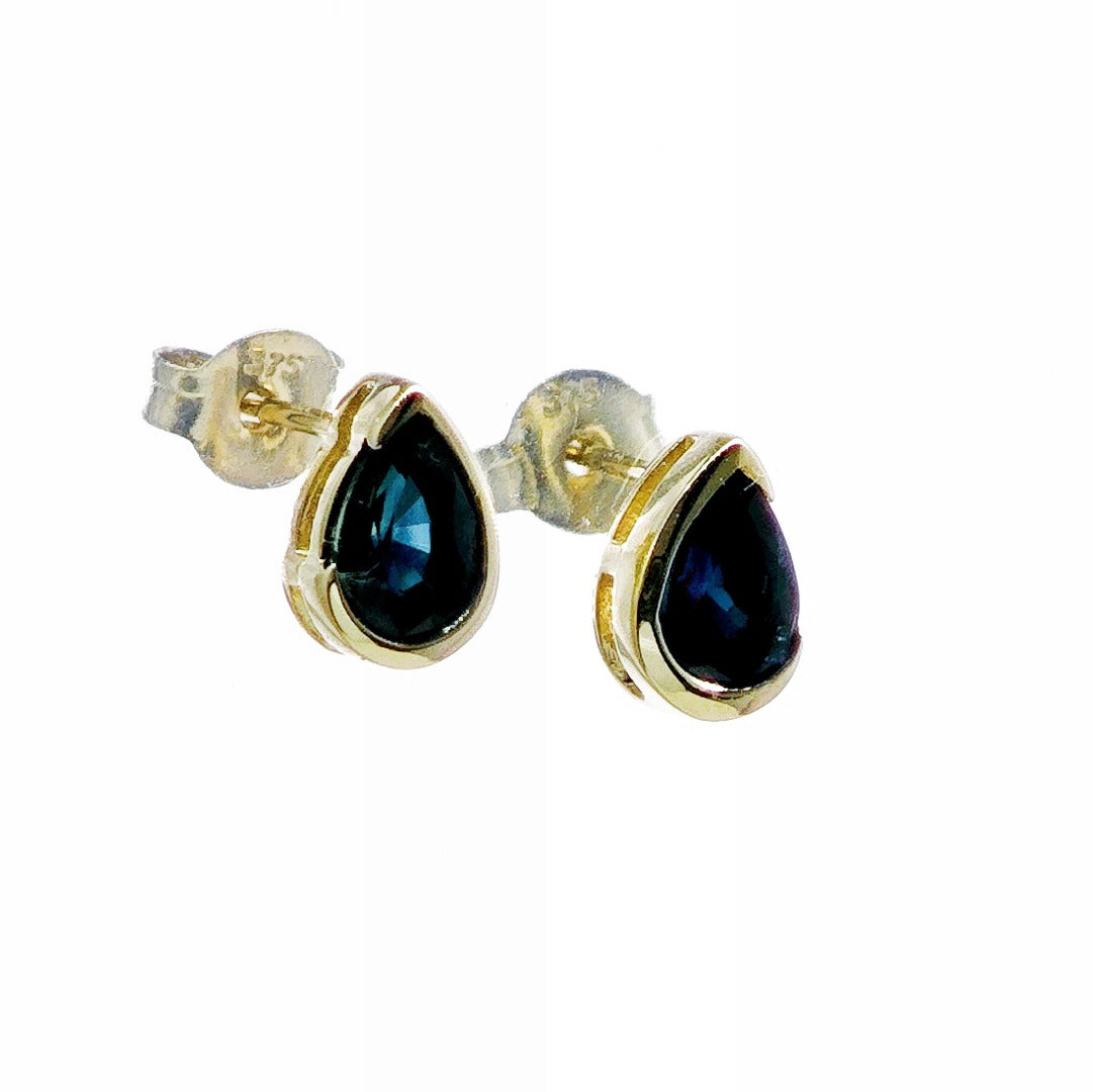 9ct Yellow Gold Sapphire Earrings Natural Vivid Blue Gemstone Studs Handmade