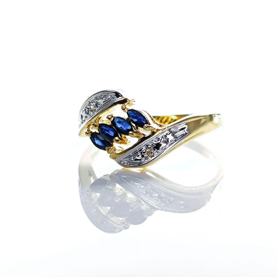 9ct Sapphire Ring Size N Diamond Yellow Gold 0.4ct Blue Marquise Gemstones Hallmarked