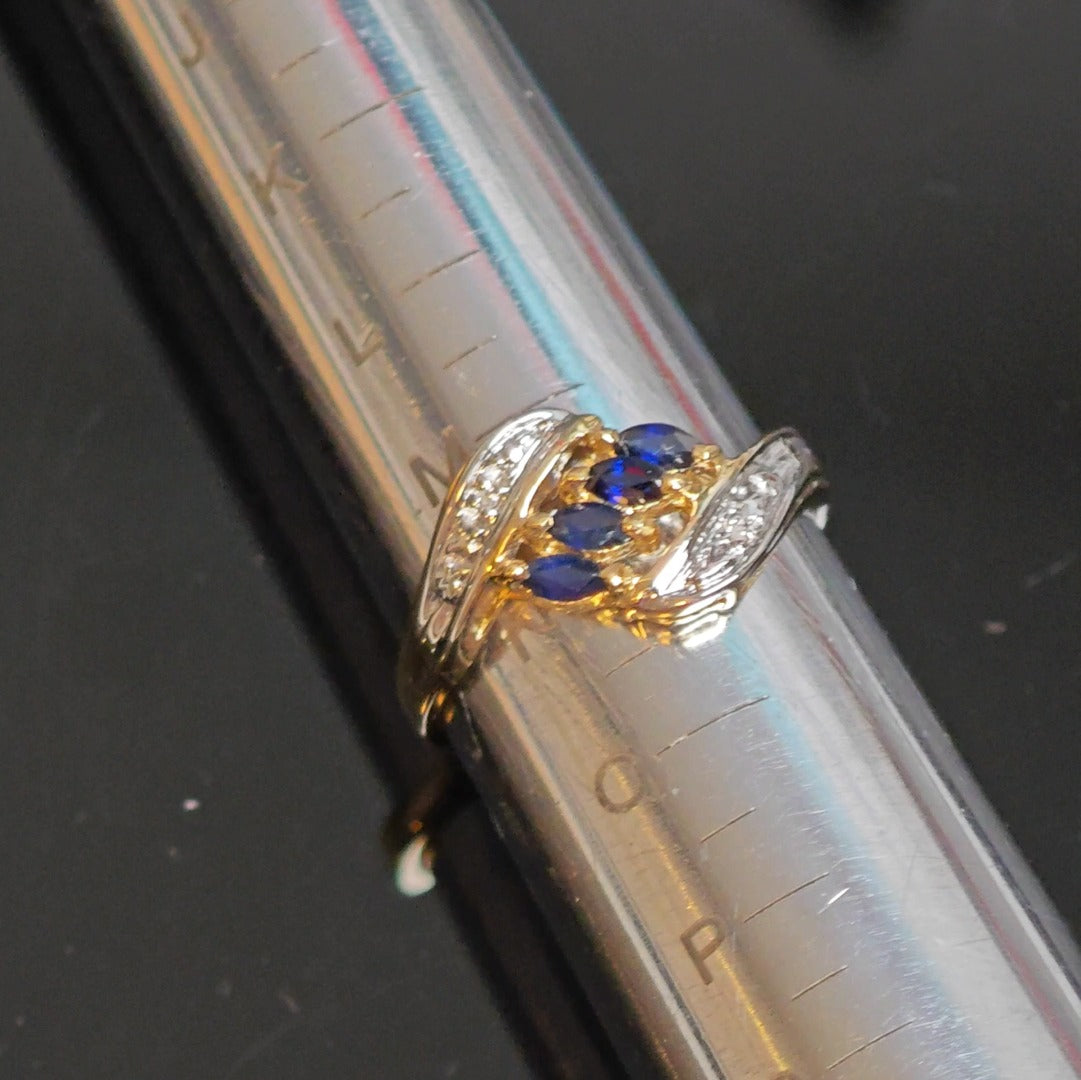 9ct Sapphire Ring Size N Diamond Yellow Gold 0.4ct Blue Marquise Gemstones Hallmarked