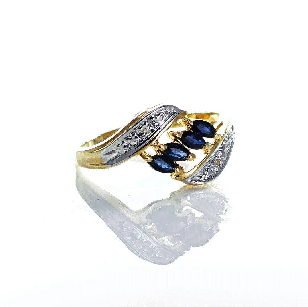 9ct Sapphire Ring Size N Diamond Yellow Gold 0.4ct Blue Marquise Gemstones Hallmarked
