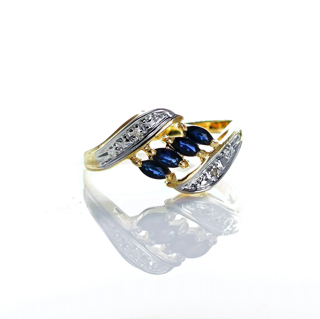 9ct Sapphire Ring Size N Diamond Yellow Gold 0.4ct Blue Marquise Gemstones Hallmarked