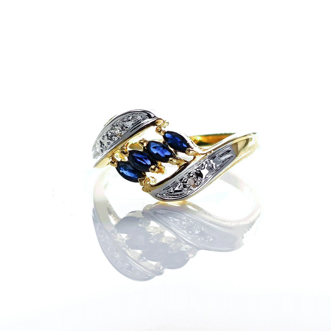 9ct Sapphire Ring Size N Diamond Yellow Gold 0.4ct Blue Marquise Gemstones Hallmarked