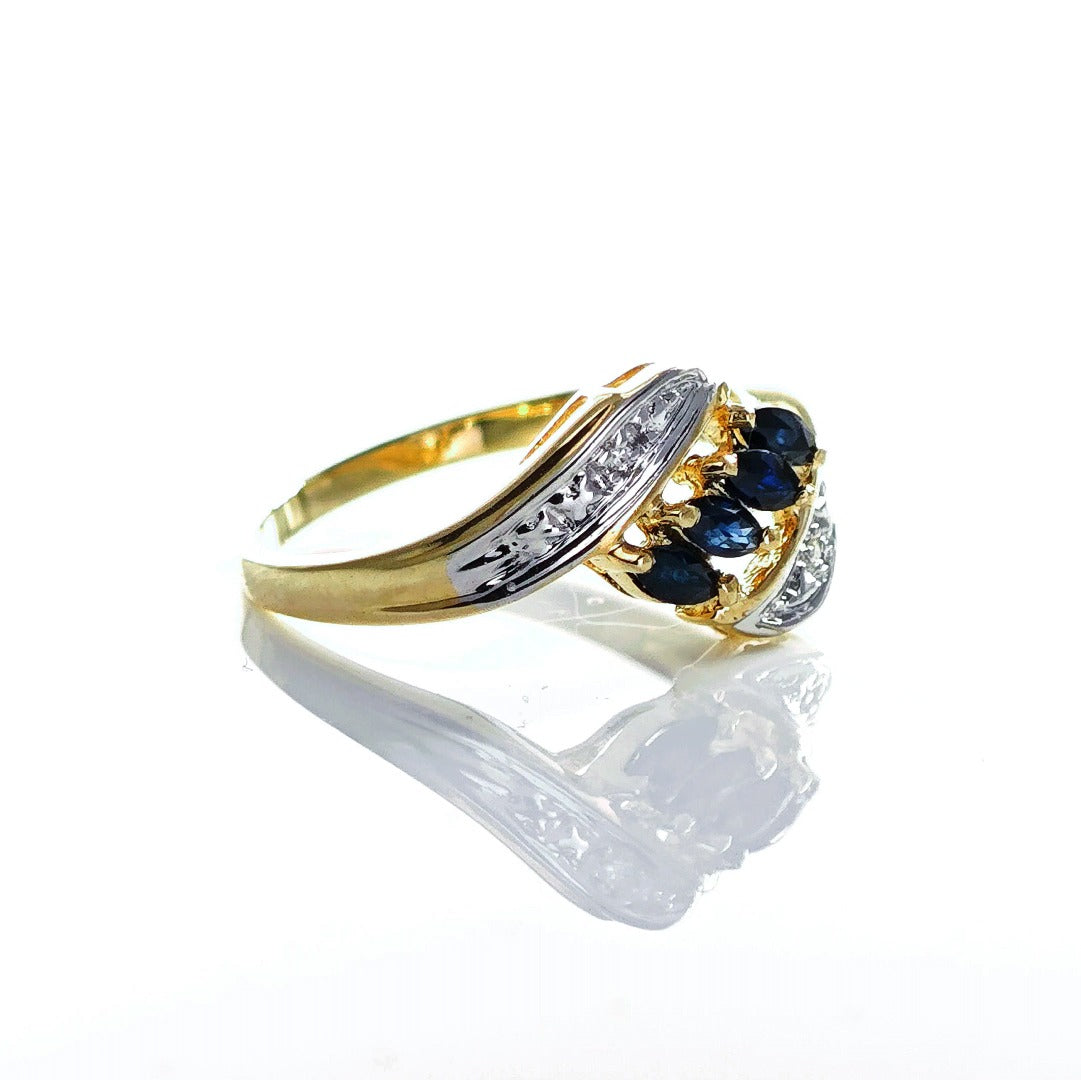 9ct Sapphire Ring Size N Diamond Yellow Gold 0.4ct Blue Marquise Gemstones Hallmarked