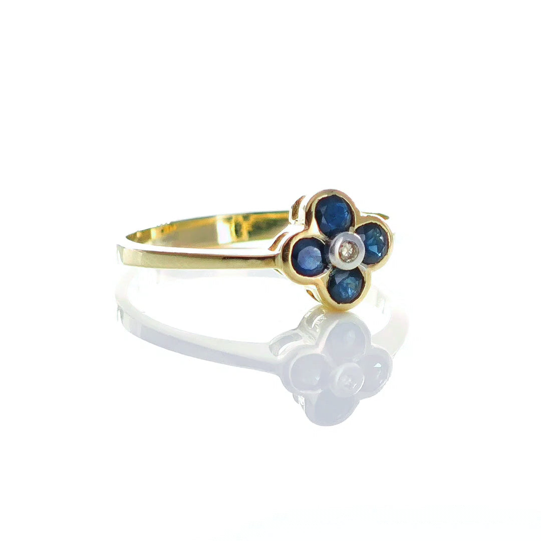 9ct Sapphire Ring Size M Diamond Yellow Gold 0.36ct Blue Round Gemstones