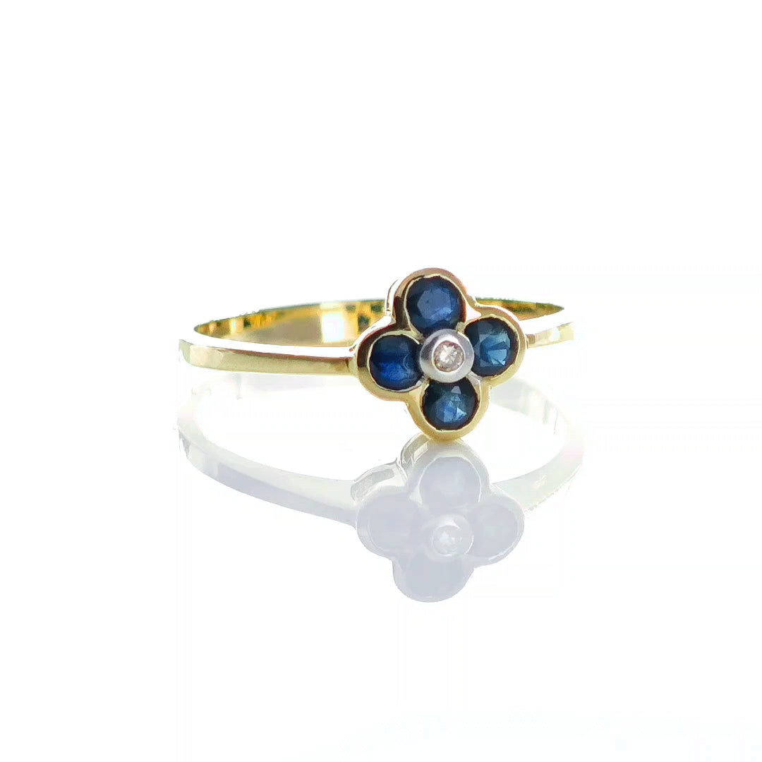 9ct Sapphire Ring Size M Diamond Yellow Gold 0.36ct Blue Round Gemstones