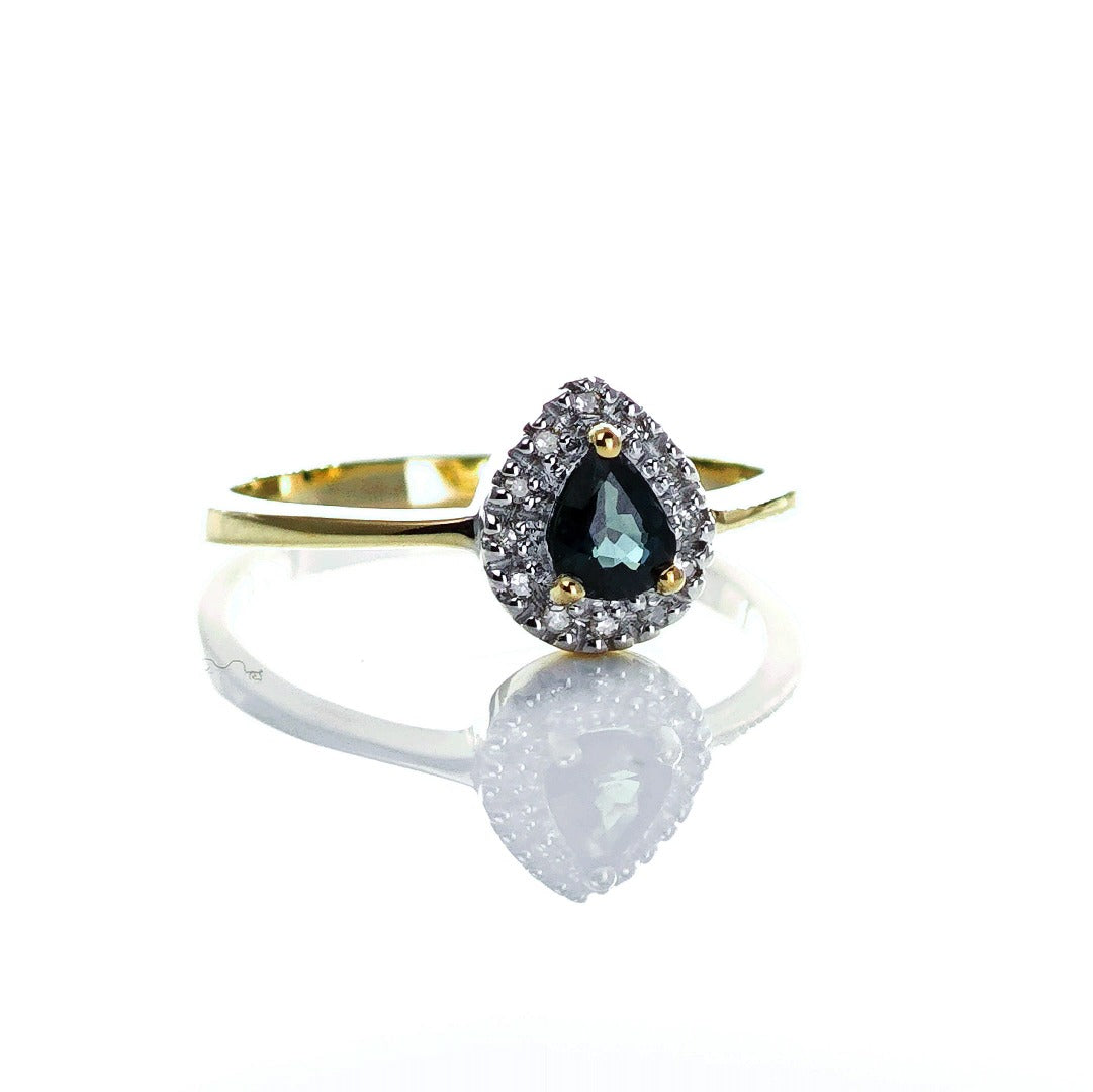 9ct Sapphire Ring Size N Diamond Yellow Gold 0.34ct Blue Pear Gemstone