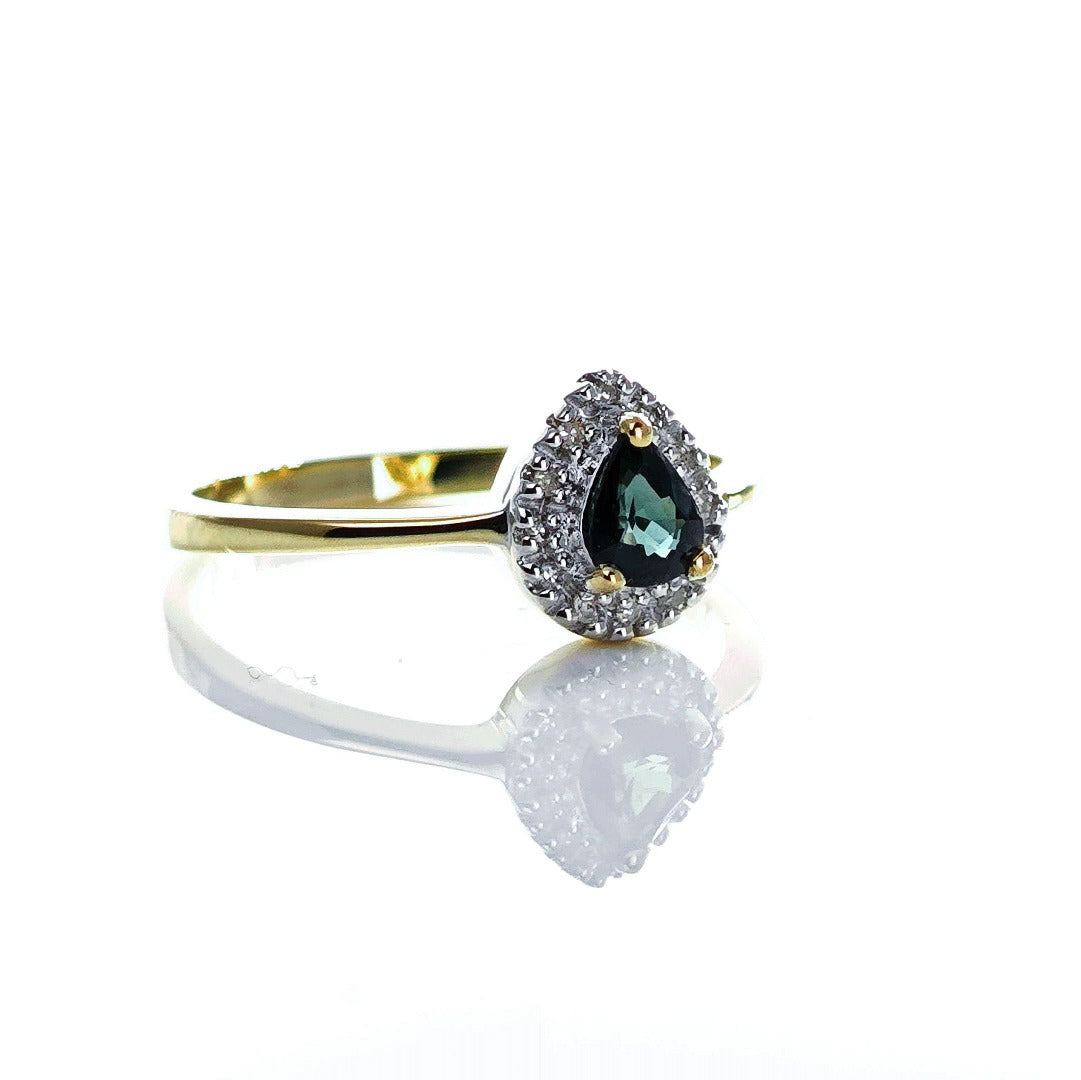 9ct Sapphire Ring Size N Diamond Yellow Gold 0.34ct Blue Pear Gemstone