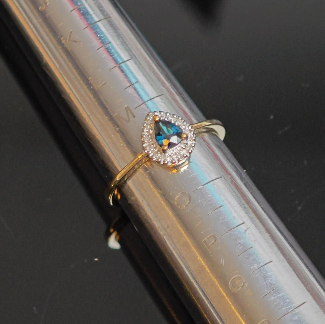 9ct Sapphire Ring Size N Diamond Yellow Gold 0.34ct Blue Pear Gemstone