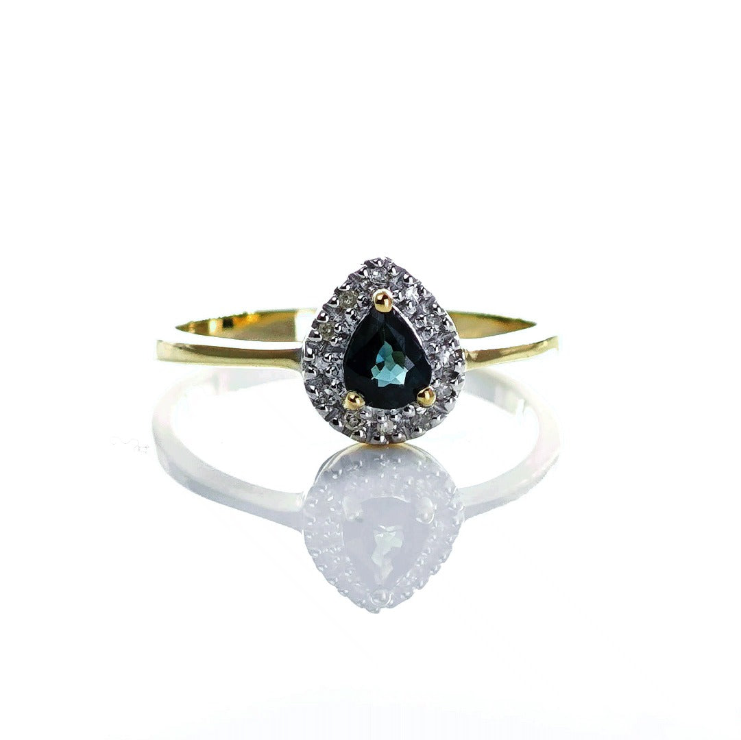 9ct Sapphire Ring Size N Diamond Yellow Gold 0.34ct Blue Pear Gemstone