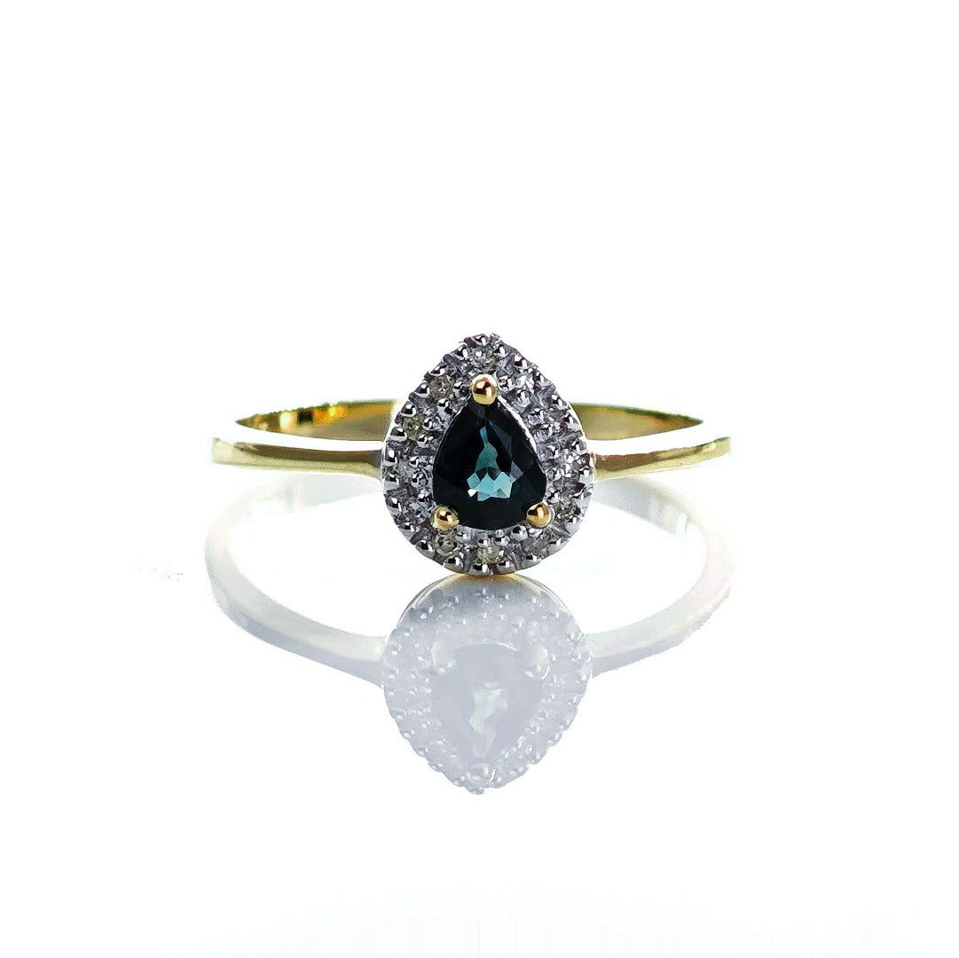 9ct Sapphire Ring Size N Diamond Yellow Gold 0.34ct Blue Pear Gemstone