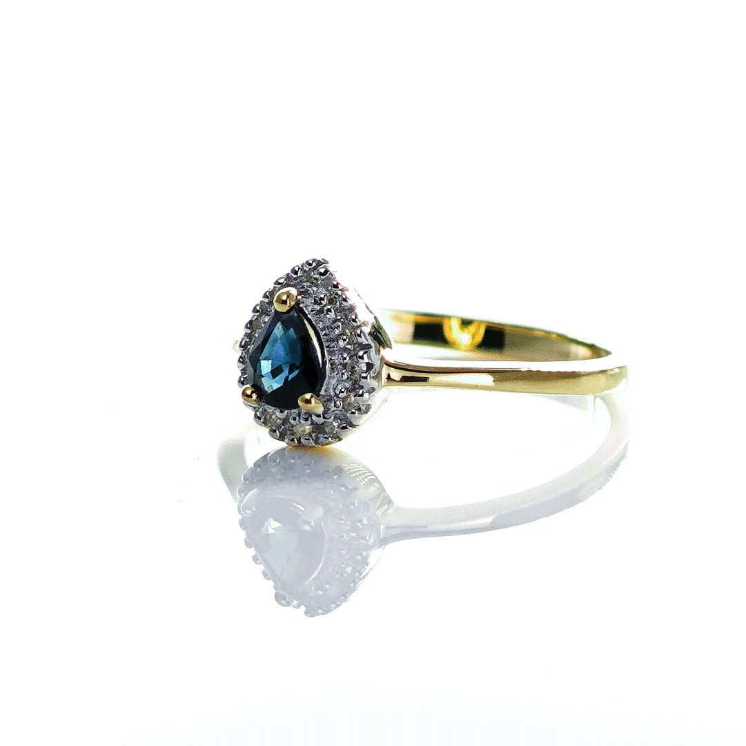 9ct Sapphire Ring Size N Diamond Yellow Gold 0.34ct Blue Pear Gemstone