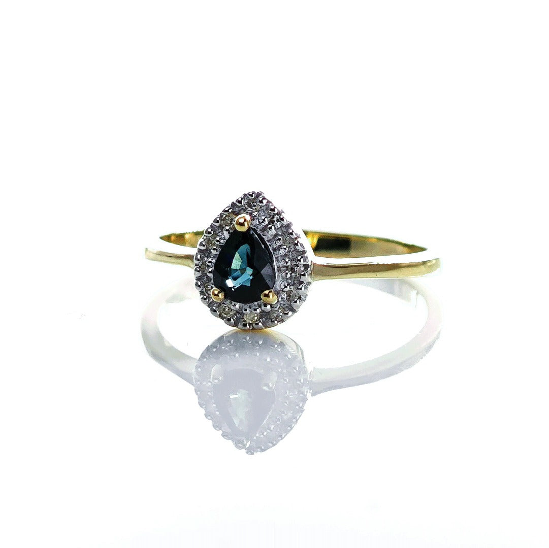 9ct Sapphire Ring Size N Diamond Yellow Gold 0.34ct Blue Pear Gemstone