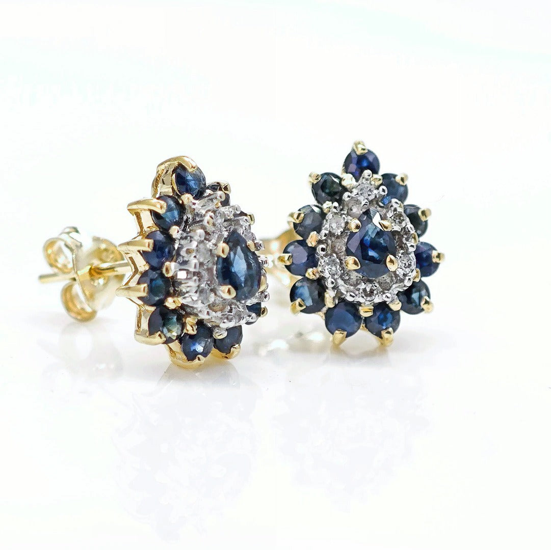 9ct Sapphire Diamond Earrings Gold Studs Natural Gemstones1.05ct