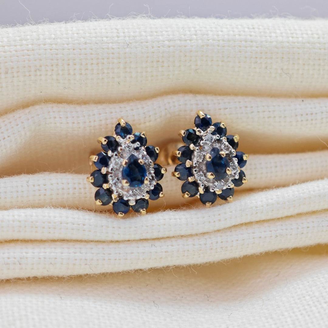 9ct Sapphire Diamond Earrings Gold Studs Natural Gemstones1.05ct