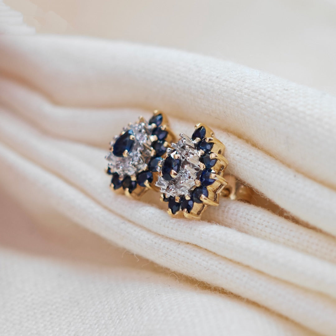 9ct Sapphire Diamond Earrings Gold Studs Natural Gemstones1.05ct
