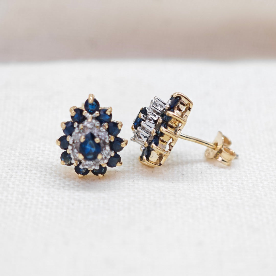 9ct Sapphire Diamond Earrings Gold Studs Natural Gemstones1.05ct
