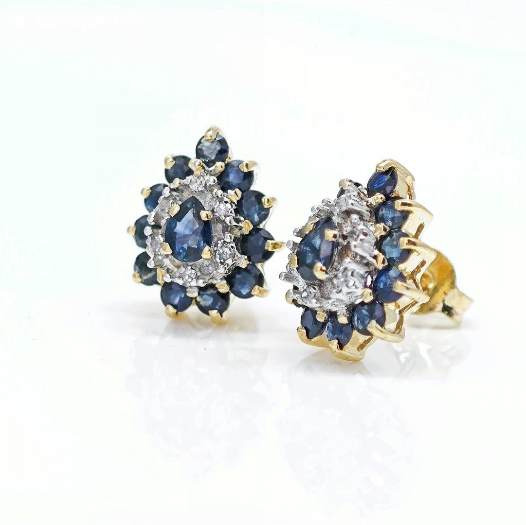 9ct Sapphire Diamond Earrings Gold Studs Natural Gemstones1.05ct
