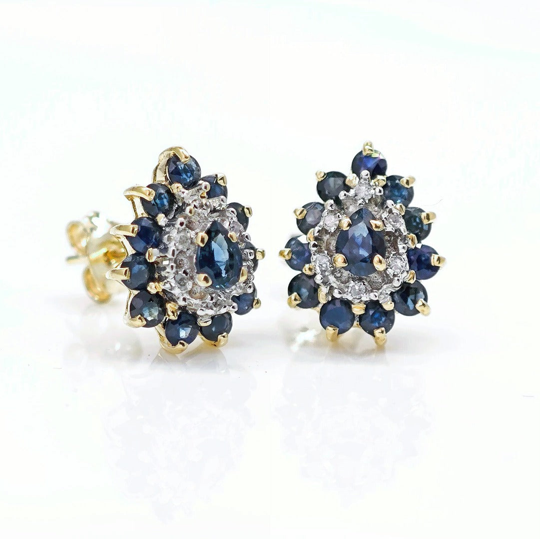 9ct Sapphire Diamond Earrings Gold Studs Natural Gemstones1.05ct