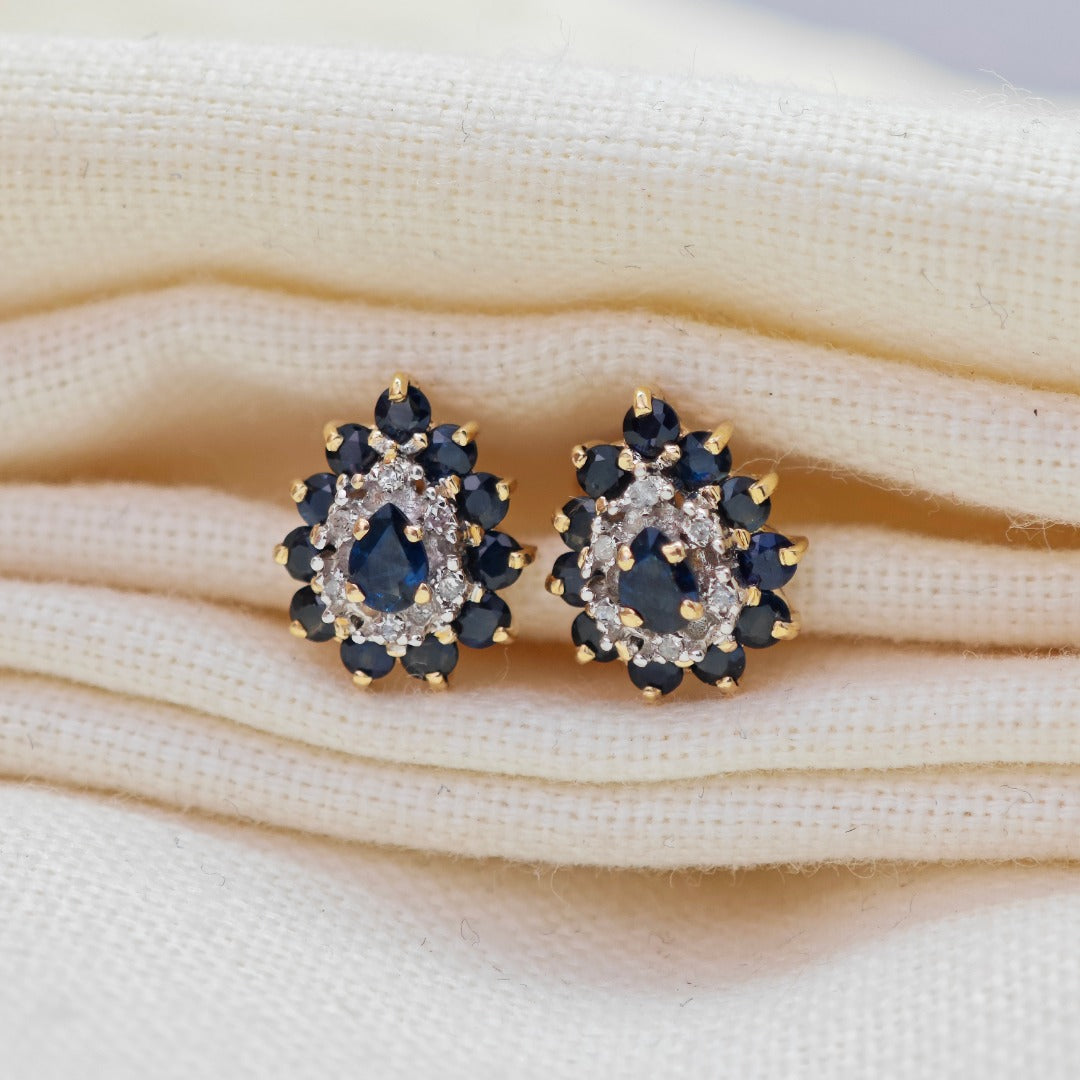 9ct Sapphire Diamond Earrings Gold Studs Natural Gemstones1.05ct